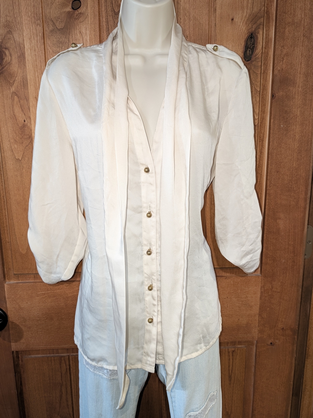 Daisy Fuentes Cream Button-Up Blouse with Neck Tie